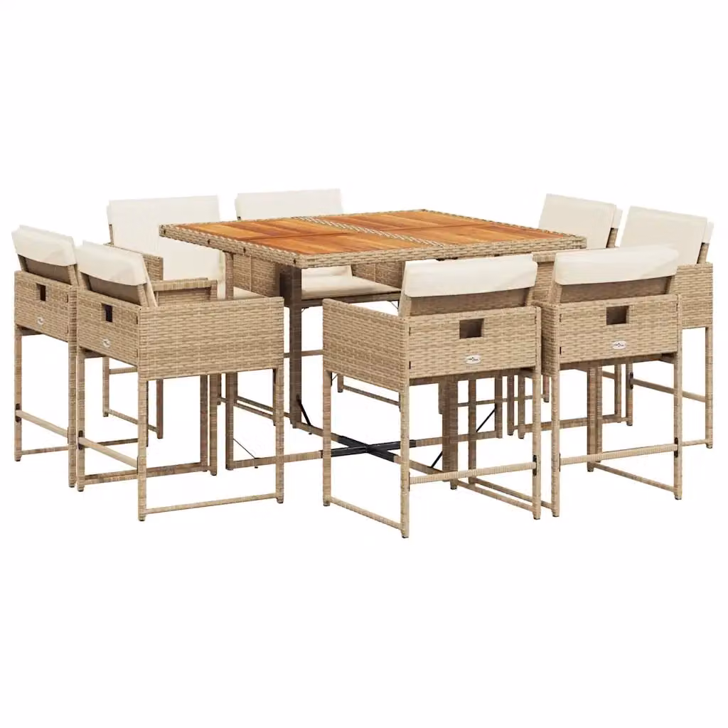 Set da pranzo da giardino vidaXL in polyrattan e legno di acacia con 9 pezzi e cuscini beige e bianchi – 2