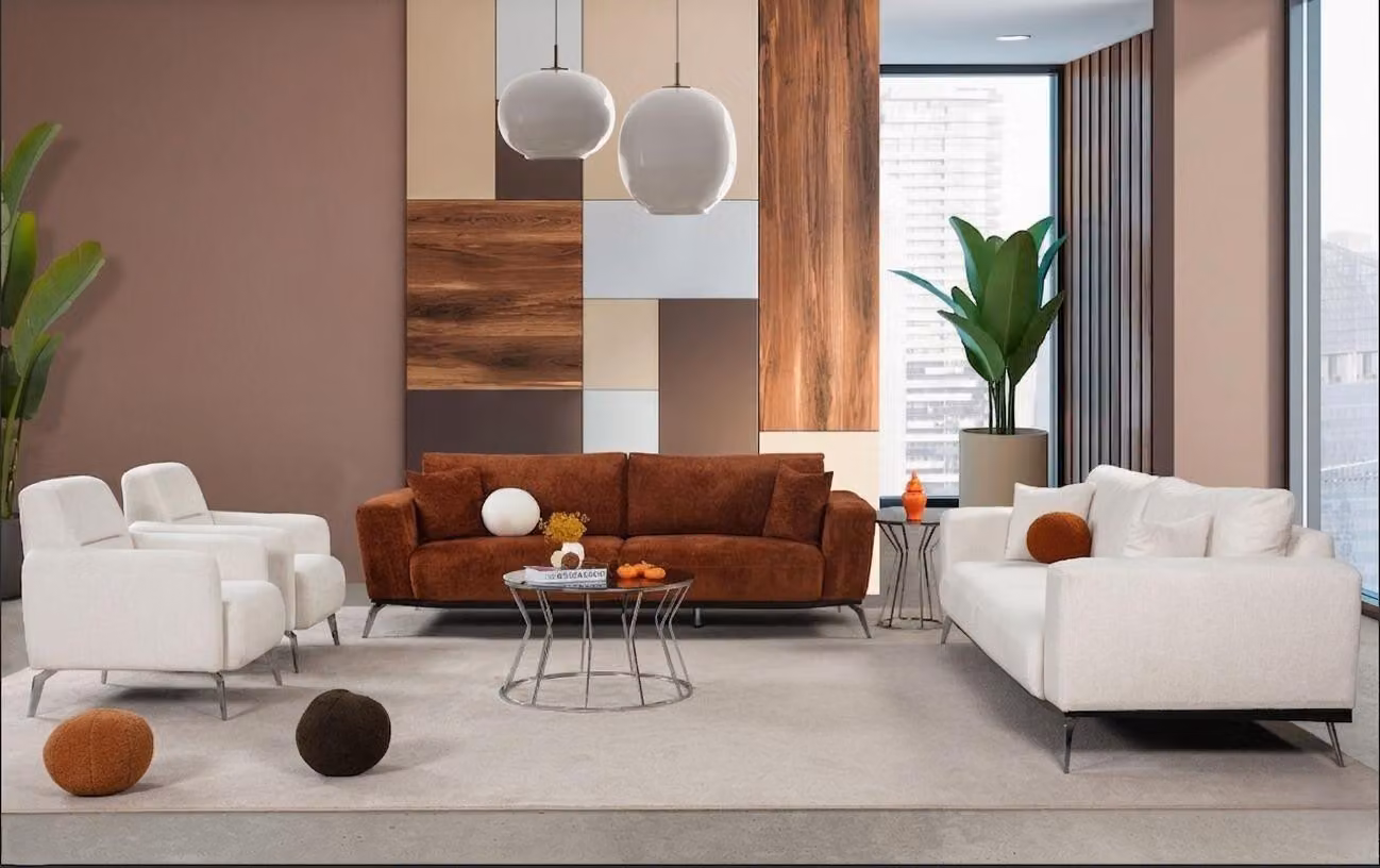 Elegante divano e poltrone in bianco e marrone: divano a tre posti e 2 poltrone relax