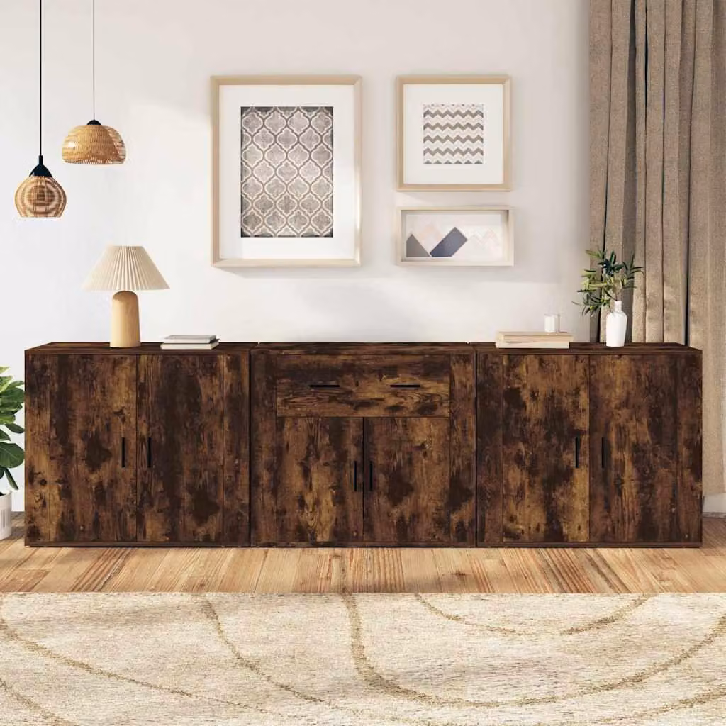 vidaXL Credenze 3 pz. Materiale a base di legno di quercia fumé