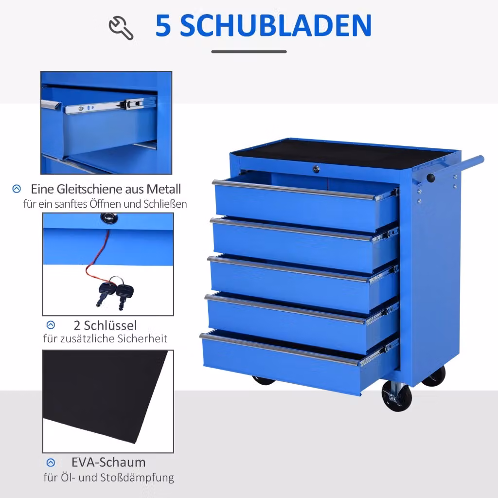 Carrello portaattrezzi REDOM in acciaio con 5 cassetti blu, con ruote e chiusura di sicurezza, L: 68 cm, P: 38,5 cm, H: 72,5 cm – 2