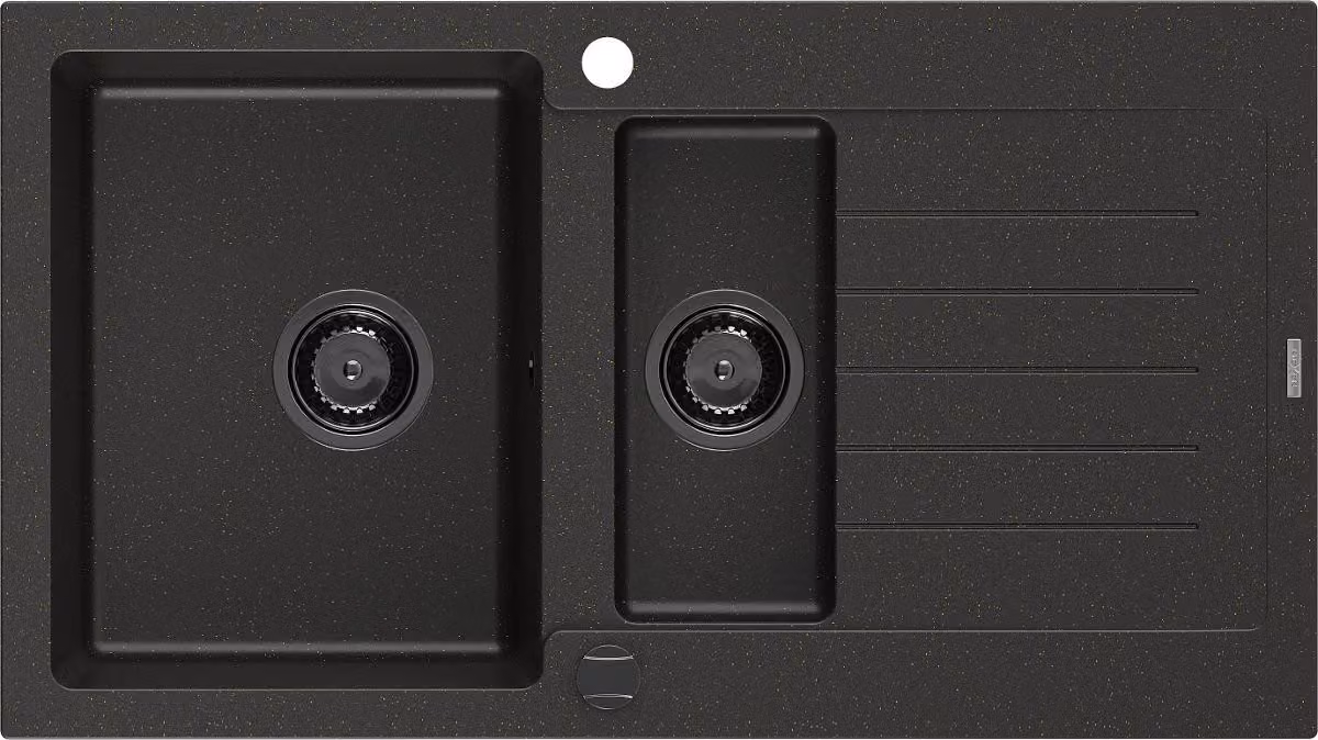 Mexen Matias lavello in granito 1,5 vasca con gocciolatoio 900 x 505 mm, nero/oro metallizzato, sifone nero - 6502901505-75-B
