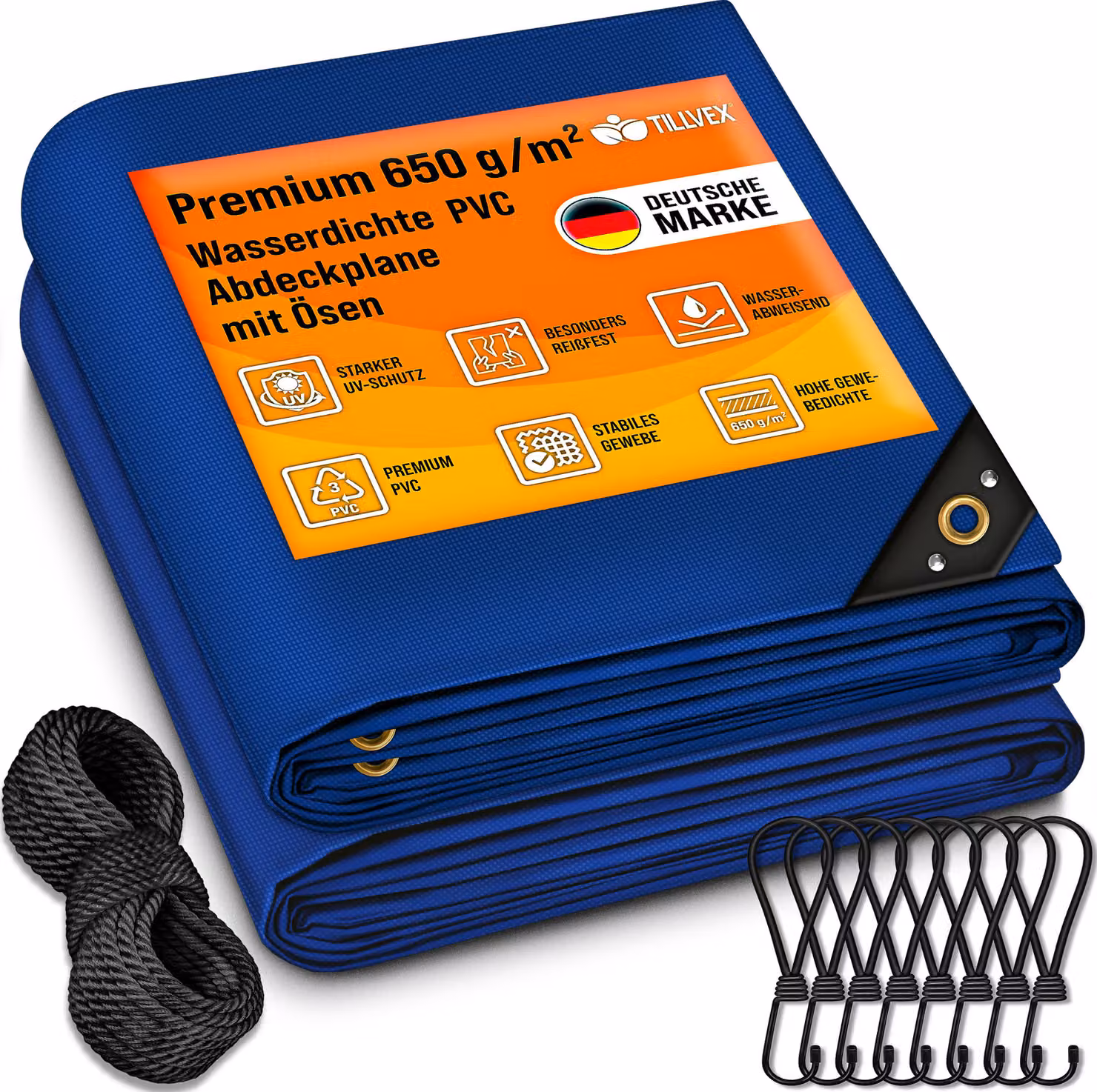 tillvex® telone blu 3x4 m con occhielli + 10 ganci e 15 m di corda | telone in tessuto 650g/m² impermeabile e antistrappo | telone premium in PVC universale per camion, piscina, mobili da giardino in legno | telone per giardino