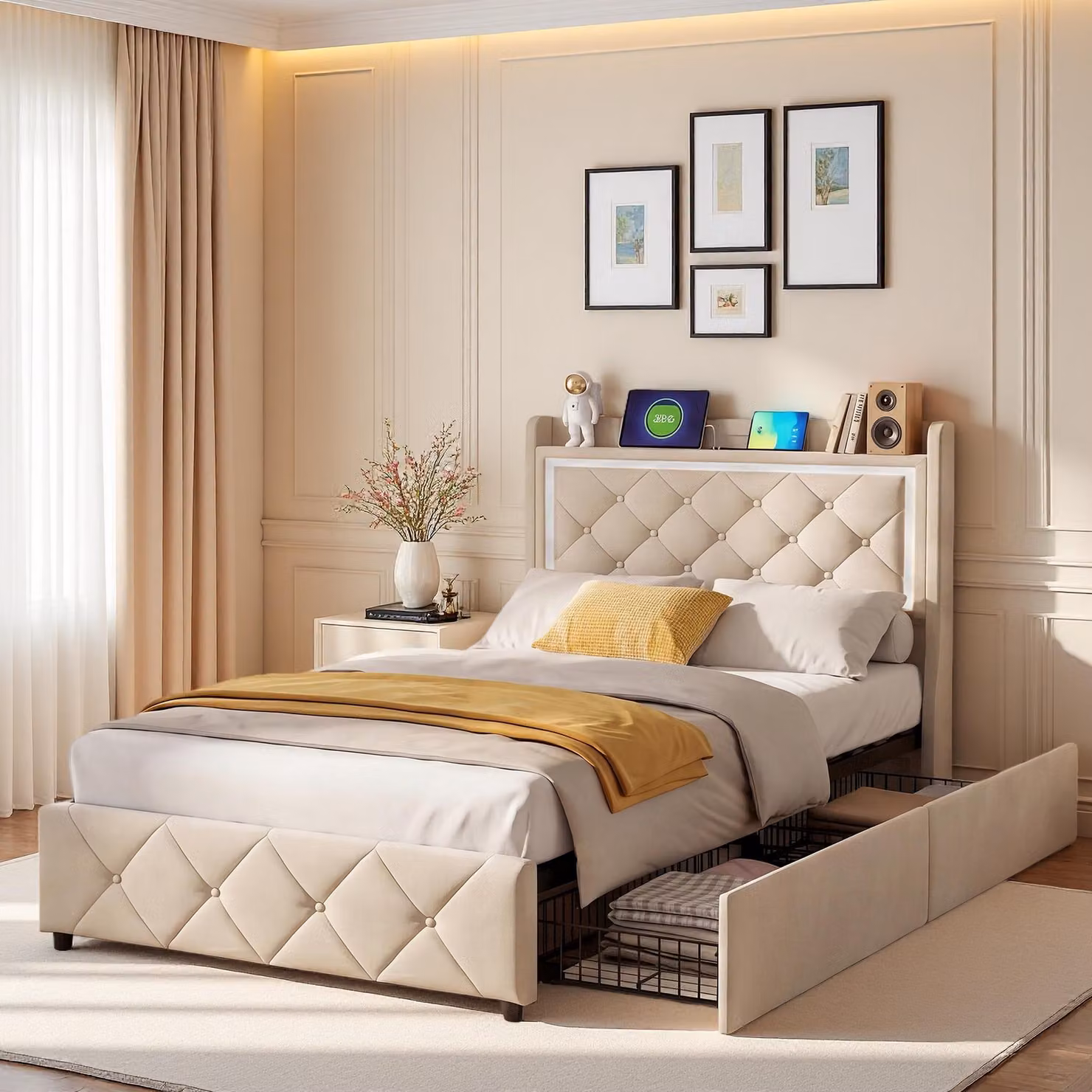 Letto imbottito INONEFT, 90x200 cm, con spazio contenitore, 2 cassetti, letto singolo con USB/LED, letto multifunzione con testiera, struttura del letto con rete a doghe, tessuto velluto, color beige