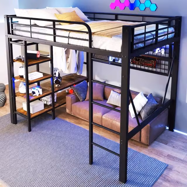 Letto a soppalco matrimoniale 140 × 200 cm con LED regolabile, mensola e barra appendiabiti, senza materasso, nero