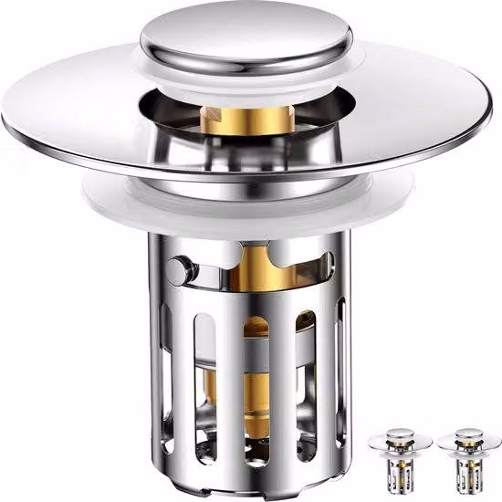 Set da 2 scarichi per WC e vasca da bagno da 1 pollice - Scarico per WC e vasca da bagno interamente in metallo con un'efficienza di blocco del 99% - Scarico universale 3 in 1 con sifone a molla e sacchetto filtro in acciaio inossidabile rimovibile per la