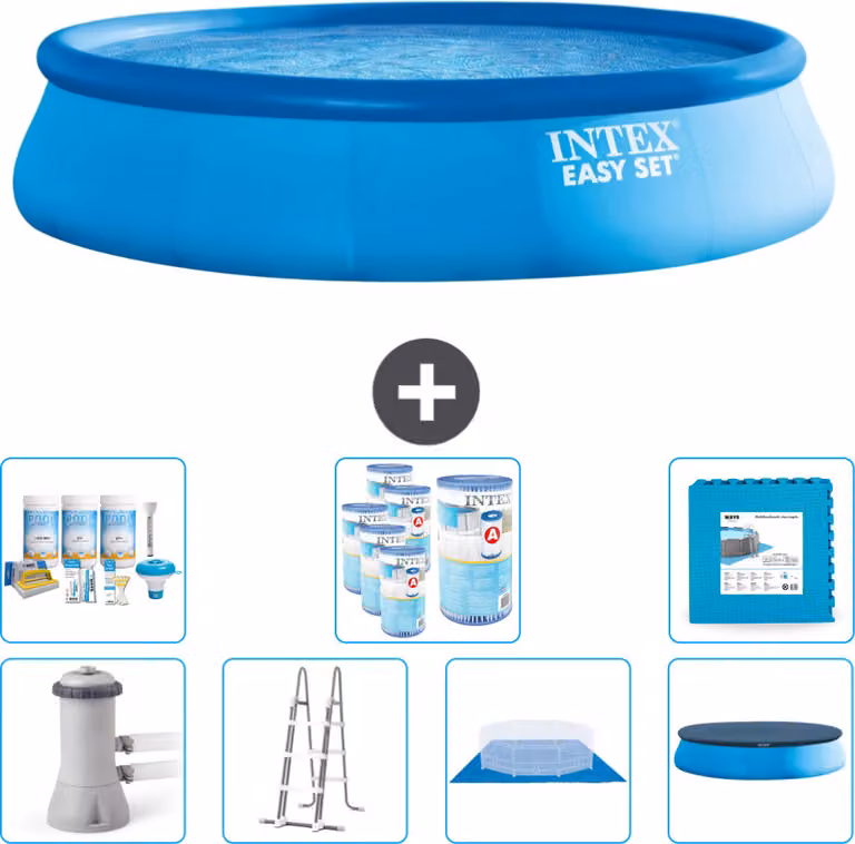 Piscina gonfiabile rotonda Easy Set di Intex - 457 x 107 cm - blu - pompa inclusa - scaletta - telo per il pavimento - pacchetto di manutenzione della copertura - filtro - piastrelle per il pavimento