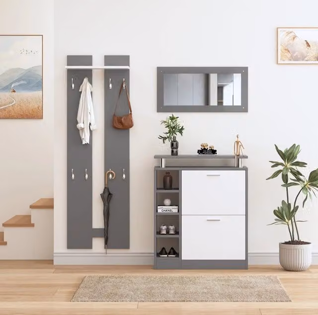 Mobile ingresso con specchio; scarpiere e 2 pannelli appendiabiti; 80x25x96;5 cm; grigio