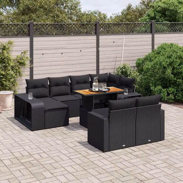 vidaXL Set Divani da Giardino 11 pz in Polyrattan Nero con Cuscini e Tavolino da Esterno