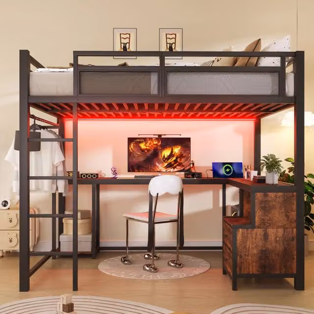 Letto a soppalco 140x200 cm con scrivania; LED e USB; struttura in metallo nero e pannelli effetto legno