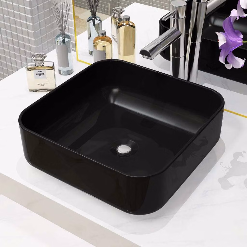 The Living Store Lavabo quadrato in Vetroceramica nero 38 x 38 x 13,5 cm