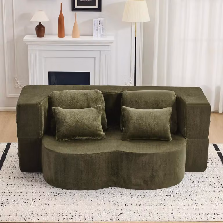 Divano letto moderno, a due posti, pieghevole, rivestito in flanella, imbottitura in schiuma, con 4 cuscini decorativi, da montare, colore verde
