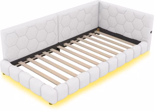 Letto a Divanetto Singolo in Velluto Bianco con Illuminazione LED e Porte USB/Tipo-C, L/P: 90 x 200 cm