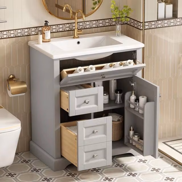 Mobile bagno con lavabo - Xylo - 76x46x87 cm - Grigio - Antiumidit?? chiusura morbida ripiani regolabili
