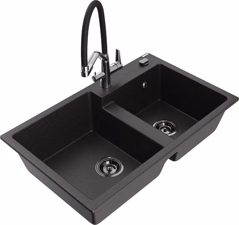 Mexen Tomas lavello in granito a 2 vasche con miscelatore cucina Duo, nero/oro metallizzato - 6516-75-671701-07-B
