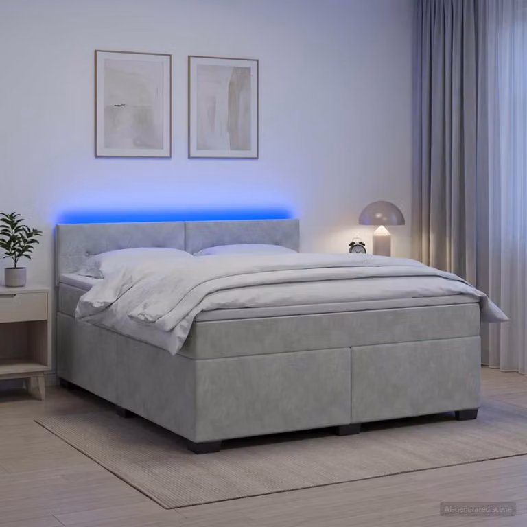 Letto a molle insacchettate "Maison Exclusive" con materasso e illuminazione LED, grigio chiaro, 180 x 200 cm, rivestito in velluto