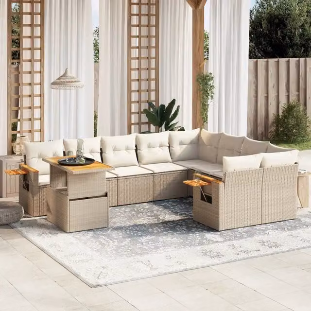 Set Divano da Giardino a Forma di U VIDAXL in Polyrattan Beige con 10 Pezzi e Cuscini
