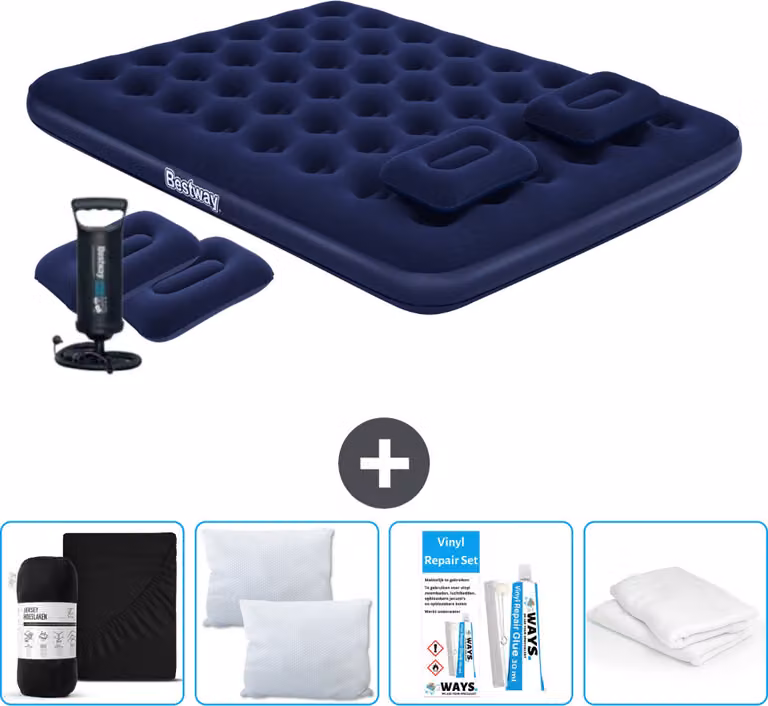 Materasso ad aria Bestway - 2 persone - 152 x 203 x 22 cm - Blu - Pompa a mano inclusa - Cuscini - Accessori