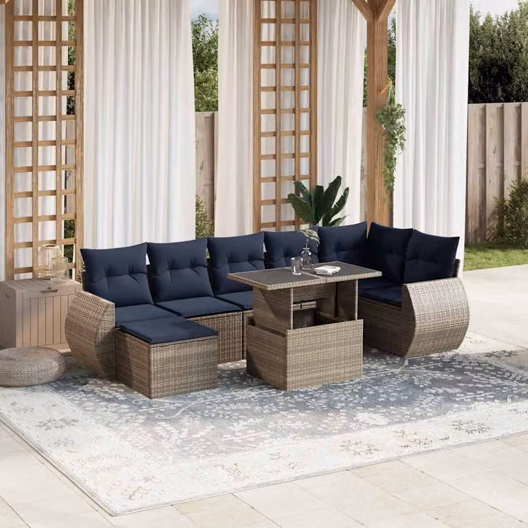 Set da giardino vidaXL in polyrattan composto da 8 pezzi con cuscini grigi e blu e tavolino da caffè per esterno