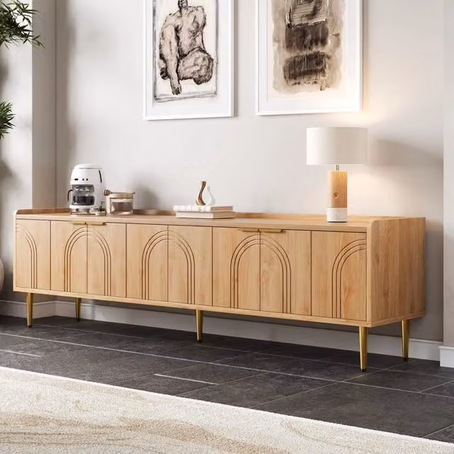 Mobile TV REDOM moderno in MDF naturale con dettagli oro e beige L: 170 cm, P: 35 cm, H: 47,5 cm