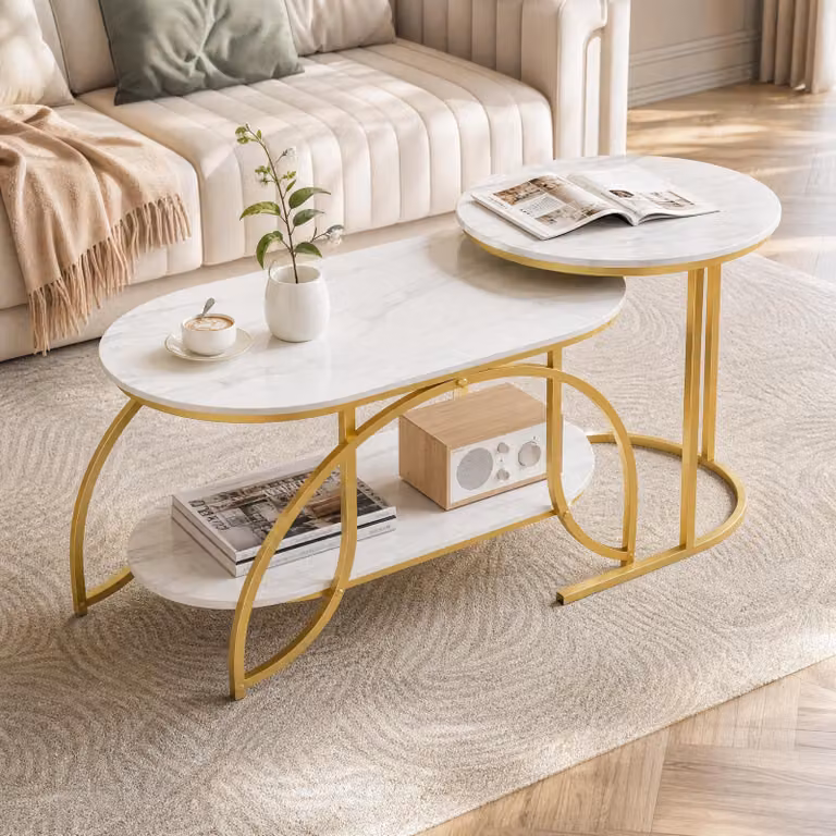ProximaX Tavolino moderno con piano in marmo bianco e gambe in metallo - Elegante tavolino da salotto con struttura robusta e design elegante