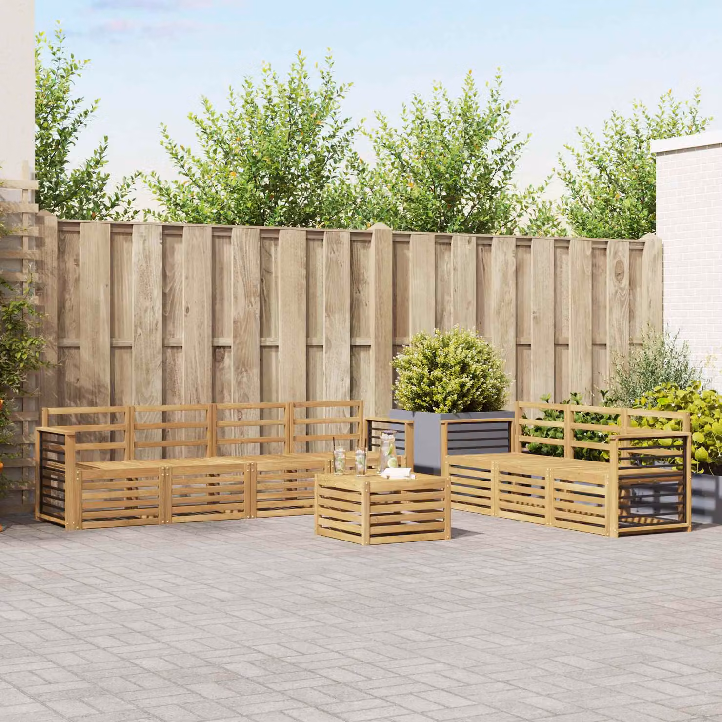 Set di divani da giardino vidaXL in legno di acacia con 8 pezzi, design moderno a L, colore marrone e bianco con cuscini inclusi