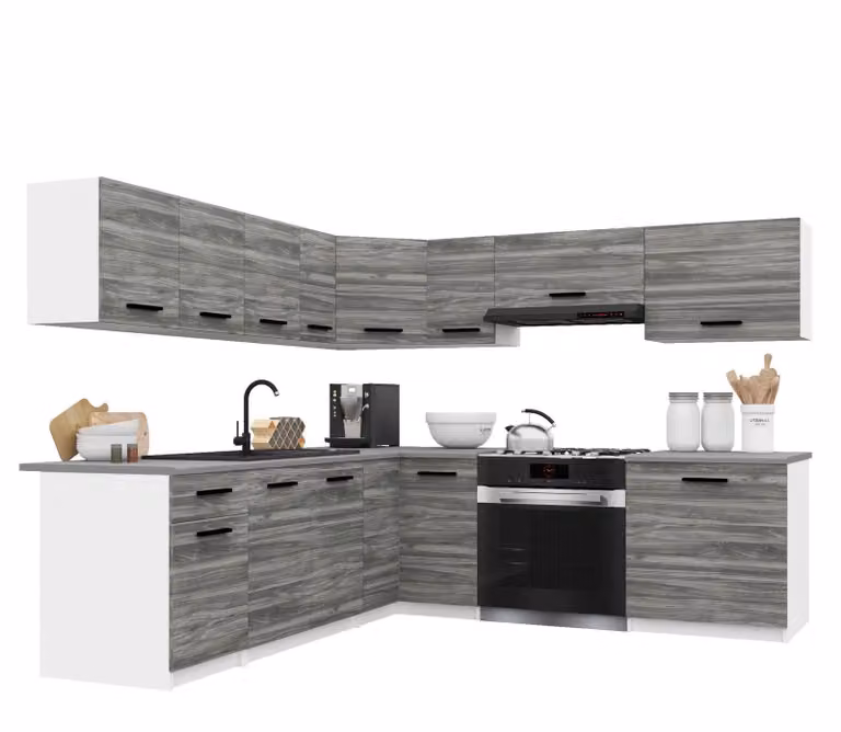 Belini - Angolo cottura moderno ITALIA 7 - Mobili da cucina 420 cm Grigio Glamour - Cucina componibile con pensili, mobili base e piani di lavoro