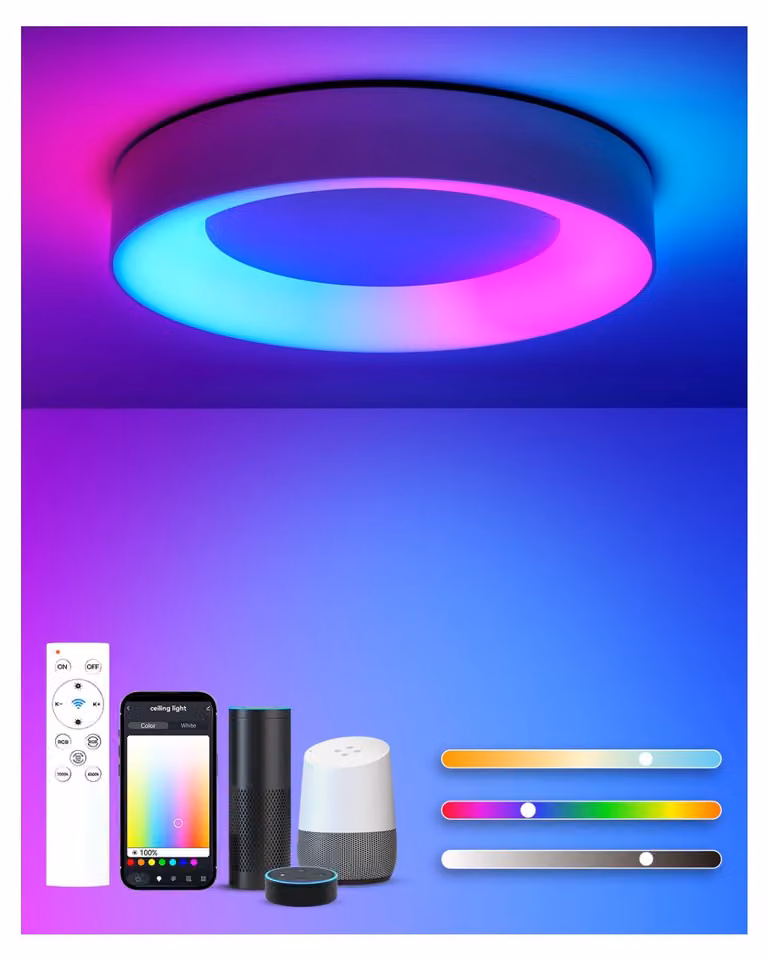 Plafoniera LED smart RGB, 24W, dimmerabile, diametro 28 cm, colore bianco, 2000 lumen