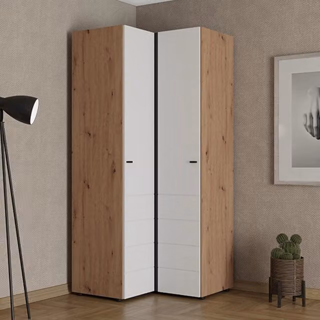Armadio da camera da letto DMORA con 2 ante e ripiani interni, Bianco Opaco e Rovere, L: 95 cm, H: 208 cm