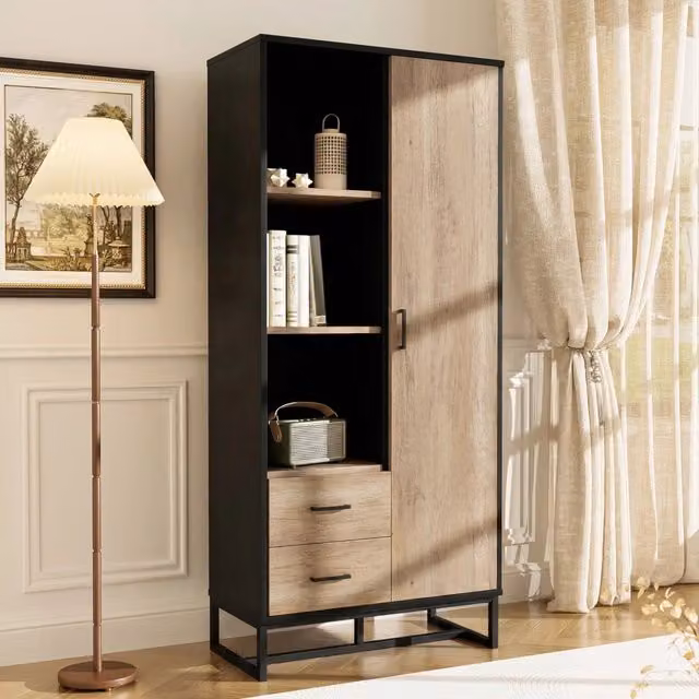 Credenza e madia con 1 anta, 2 cassetti e 3 vani aperti per soggiorno e ufficio, MDF nero e legno, 80 × 40 × 180 cm