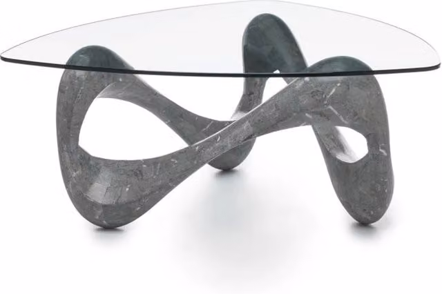 Tavolino Tetris IPERBRIKO con base in pietra fossile Gray Stone, piano in vetro temperato trasparente e struttura in compensato, design moderno geometrico