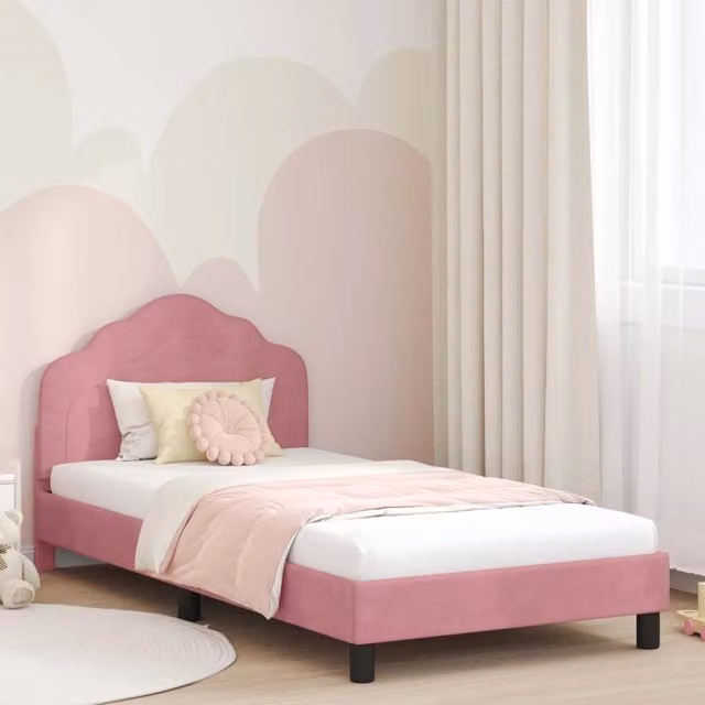 Struttura letto per bambini con testata e giroletto in velluto rosa, L/P/H: 190 x 90 x 85 cm – 1