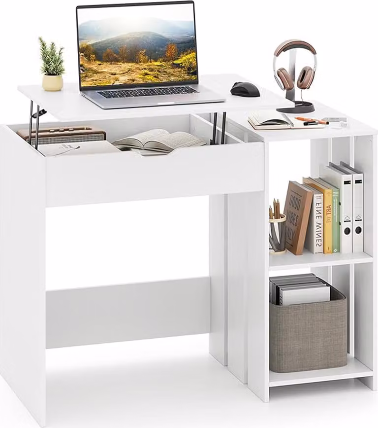Scrivania per computer con funzione di sollevamento, scrivania da studio con 1 scomparto nascosto e 2 scomparti aperti, postazione di lavoro, 100 x 49 x 75 cm, bianco