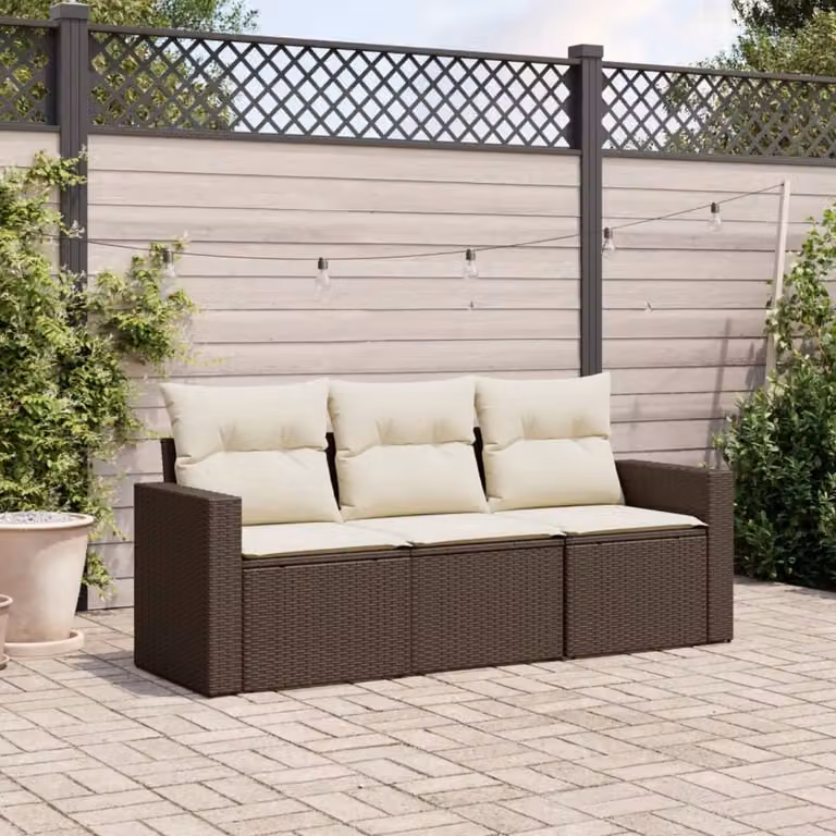 Set Divano da Giardino a L vidaXL 3 pz con Cuscini Marrone e Bianco in Polyrattan e Metallo