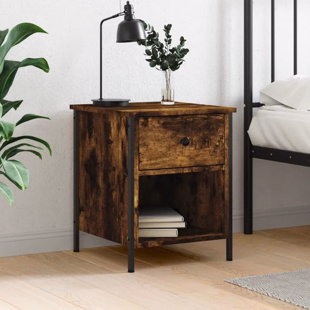 Comodino moderno vidaXL in legno multistrato e metallo, colore rovere fumo, L 40 cm x P 42 cm x H 50 cm
