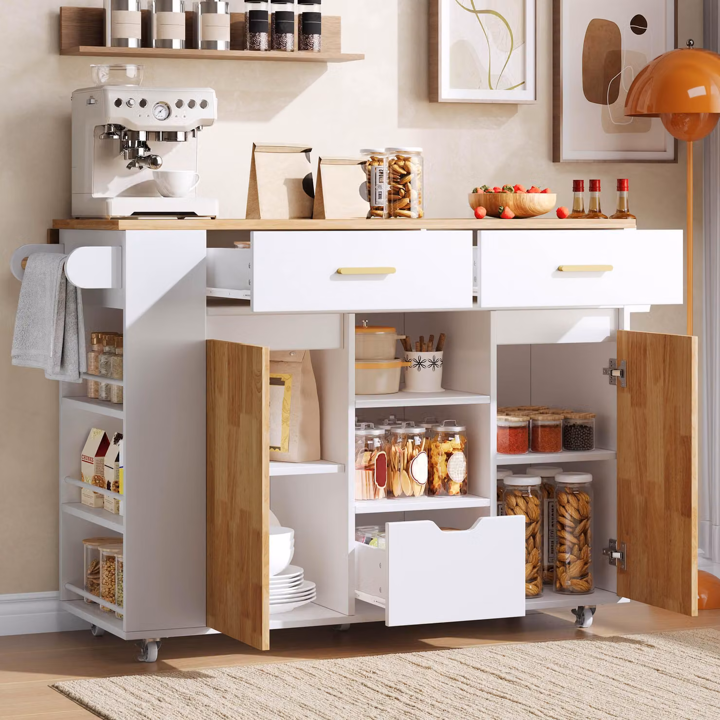 Isola da cucina okwish con piano ribaltabile e ripiano per spezie a 3 livelli, carrello da cucina con 3 cassetti e ruote, mobiletto contenitore bianco