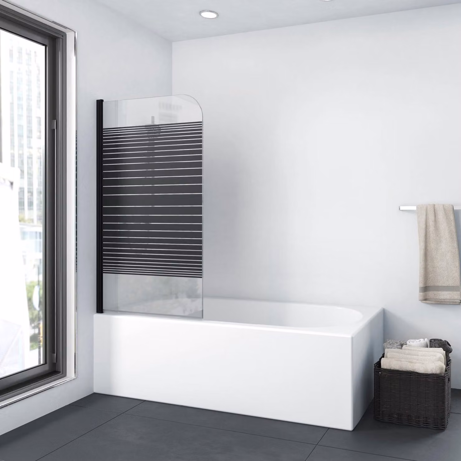 MARWELL Black Lines schermo pieghevole per vasca da bagno 75 x 140 cm - schermo doccia pieghevole per vasca da bagno in 1 pezzo in nero opaco
