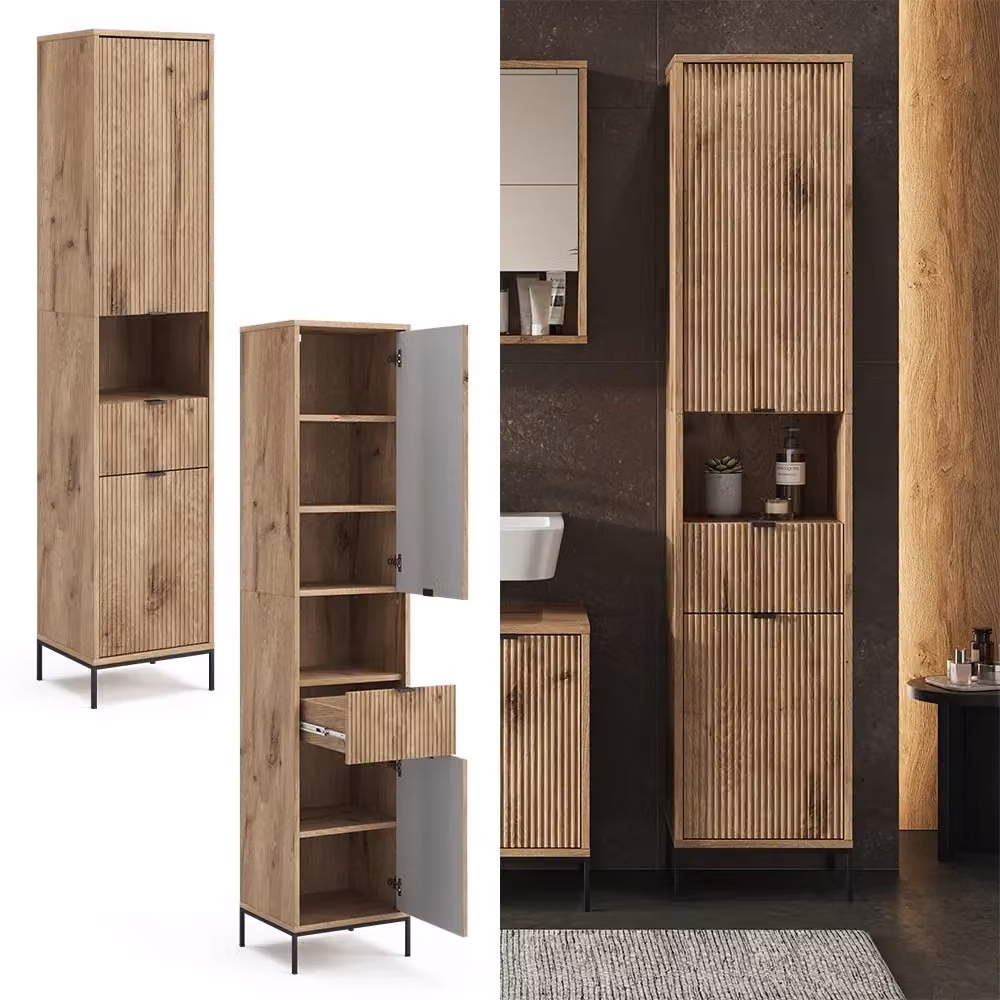 Mobiletto da bagno Eliza Vicco in quercia marrone con anta e cassetto L: 40 cm, H: 190 cm, P: 35 cm – 2