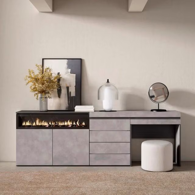 Credenza, 227x35x75cm, Camera da letto, Camino elettrico, Cassettiera, Tavolo da toeletta, grigio cemento RF3407