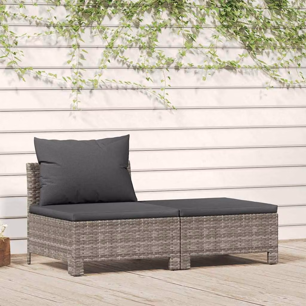 Set da giardino moderno vidaXL composto da divano a 2 posti a forma di L e pouf con cuscini in tessuto grigio e struttura in metallo e rattan