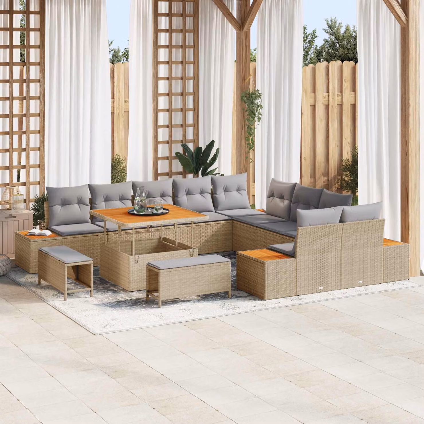 Set Divano da Giardino vidaXL 13 Pezzi con Cuscini Beige e Grigio per 12 Persone in Acciaio Verniciato a Polvere e Tessuto Resistente alle Intemperie