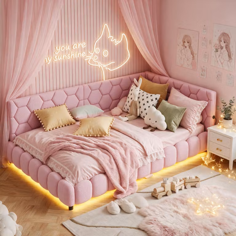 Letto imbottito trasformabile in divano letto, 140x200 cm, letto per ragazzi con illuminazione LED, prese USB e di tipo-C, divano letto con rete a molle, rivestito in lana, colore rosa
