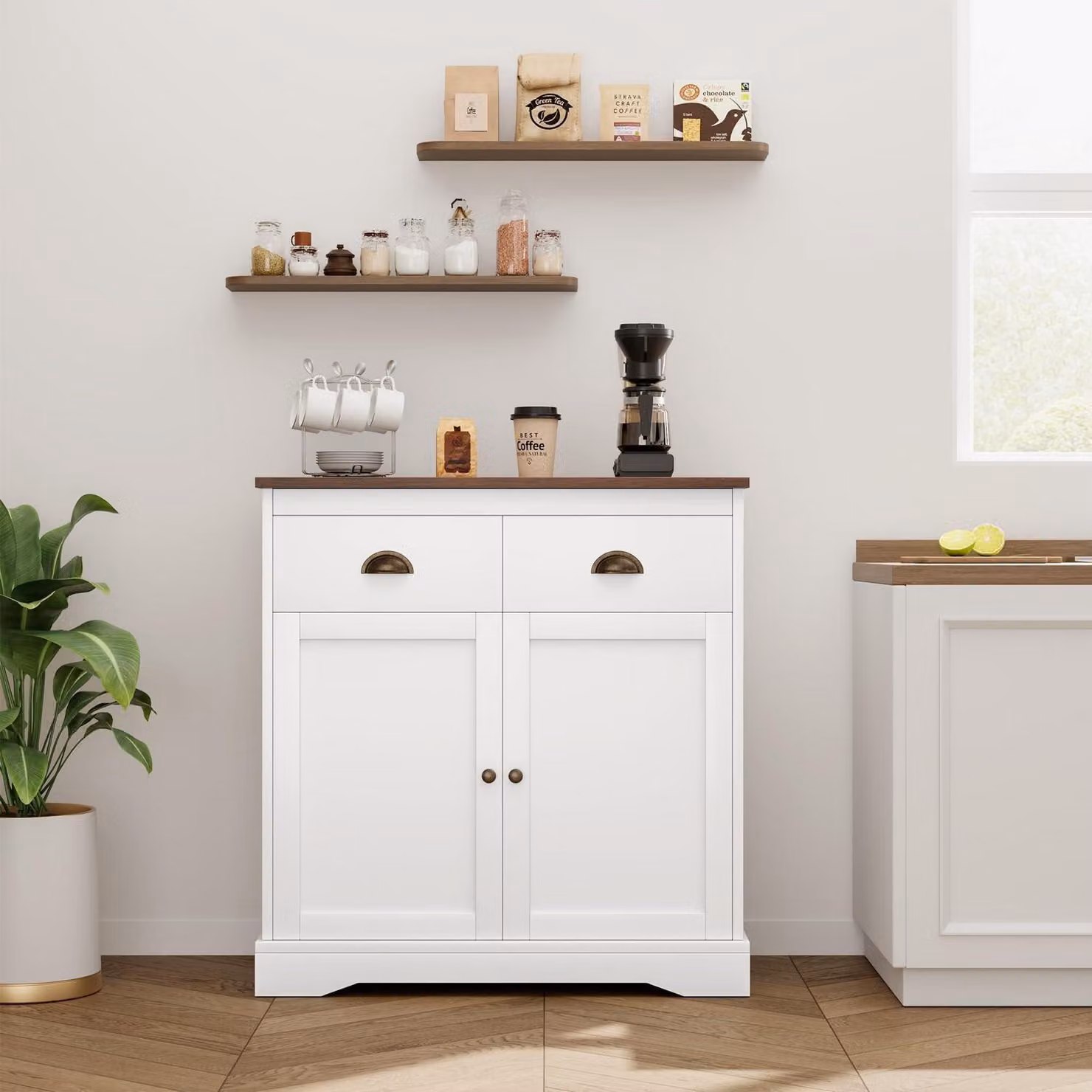 Mobiletto da cucina, credenza con piano di lavoro, 2 ante, 2 cassetti, bianco, 80x40x90 cm