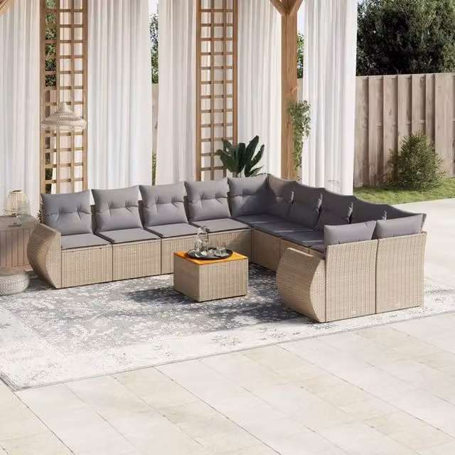 Set di divani da giardino VIDAXL in polyrattan con cuscini beige, 11 pezzi