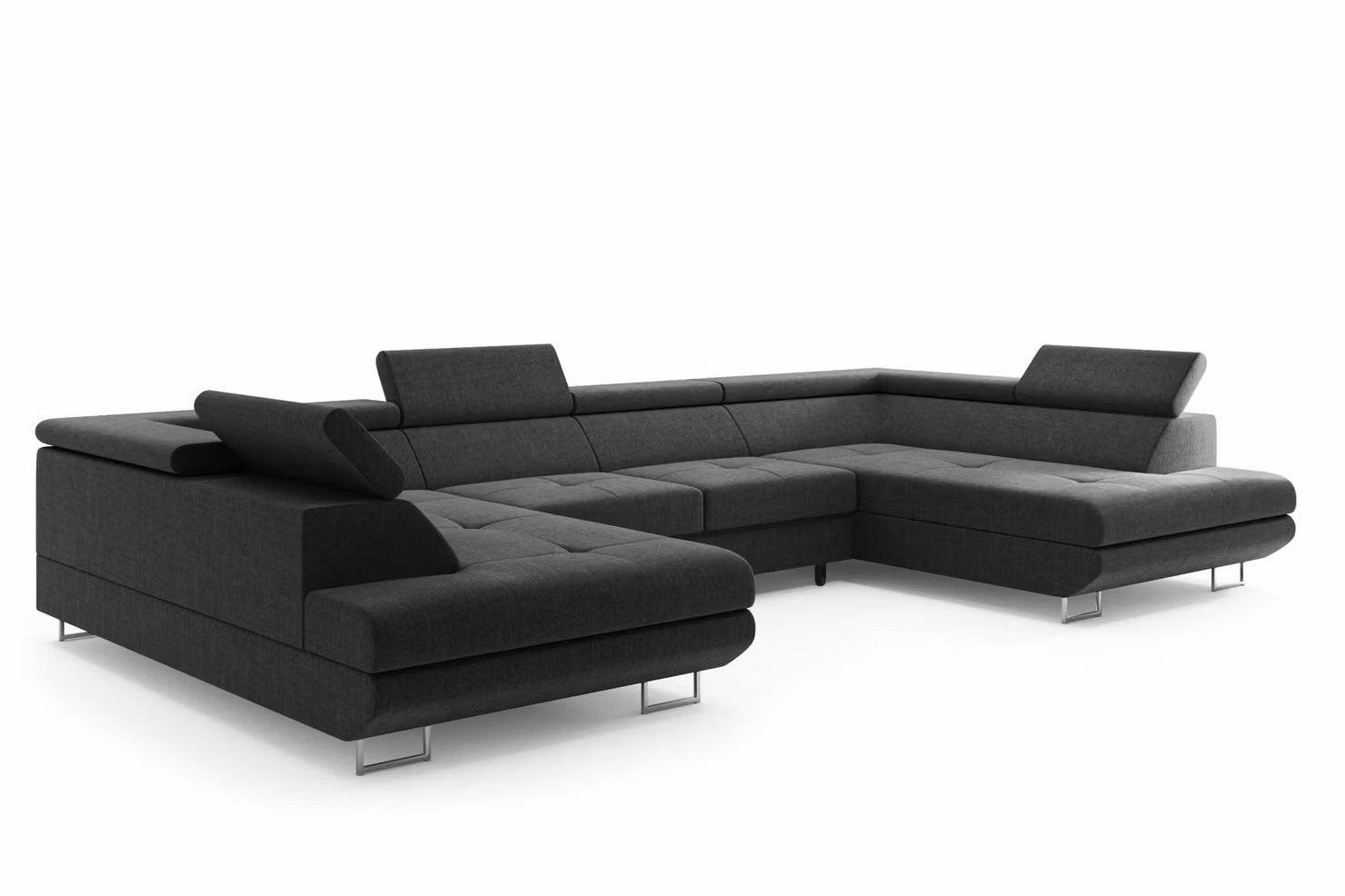 Set di divani a U – Divano angolare Miami in tessuto nero con letto, contenitore, regolazione della testiera, divano letto, divano letto grande