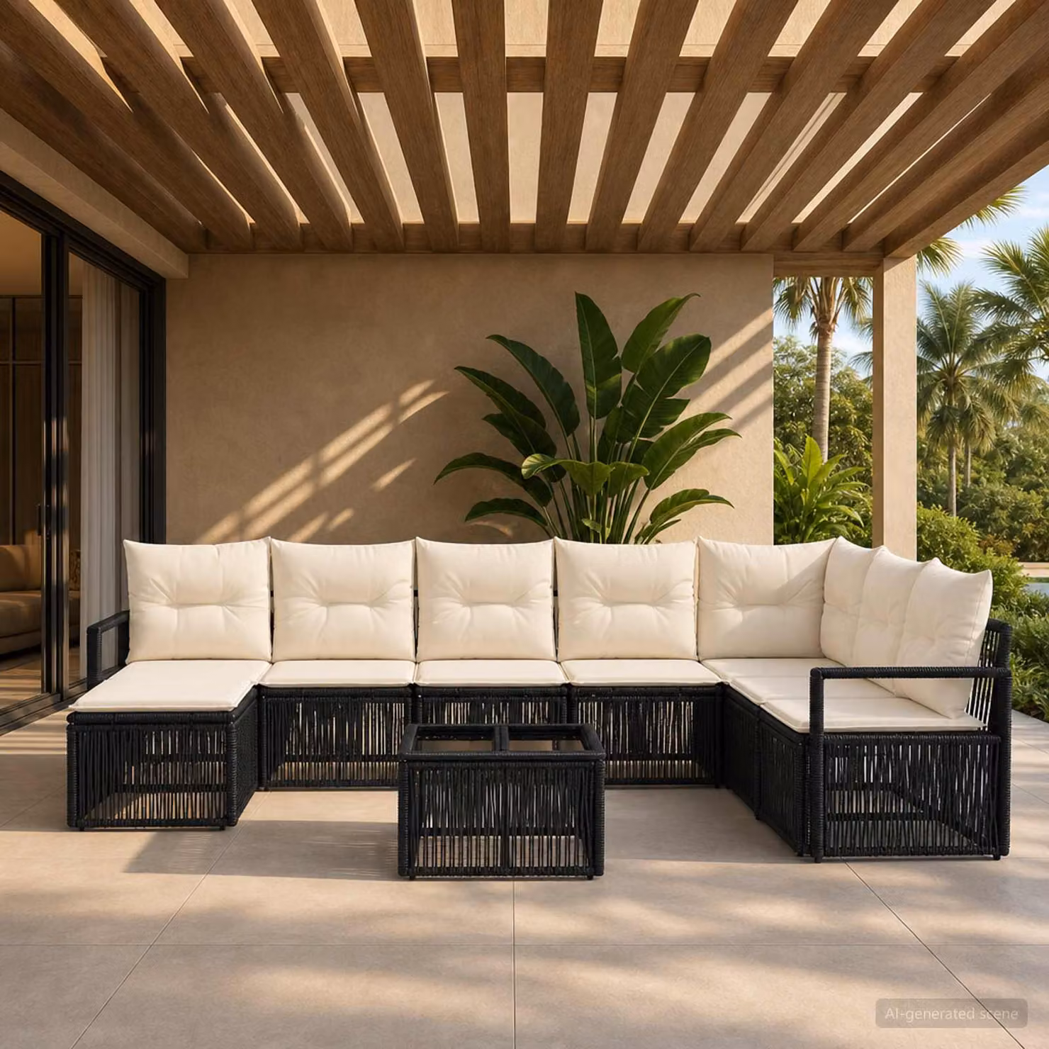 Set Divano da Giardino vidaXL 9 pz a Forma a U in Polyrattan Nero con Tavolino e Ottoman