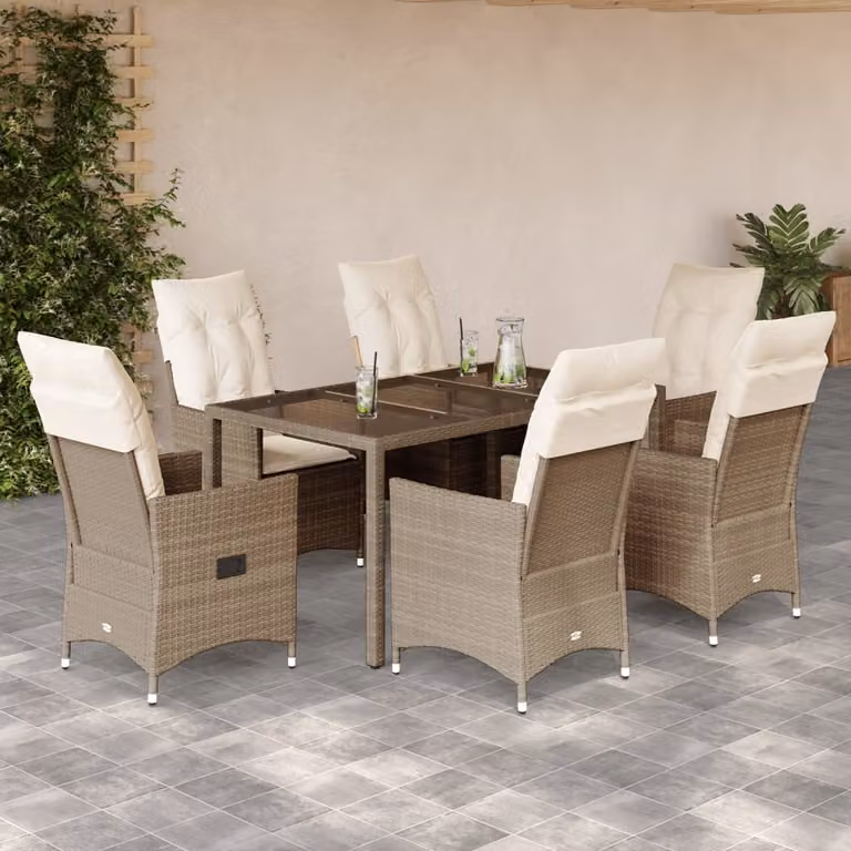 Set da Pranzo da Giardino vidaXL in Polyrattan con Cuscini Beige e Tavolo in Vetro, 7 Pezzi