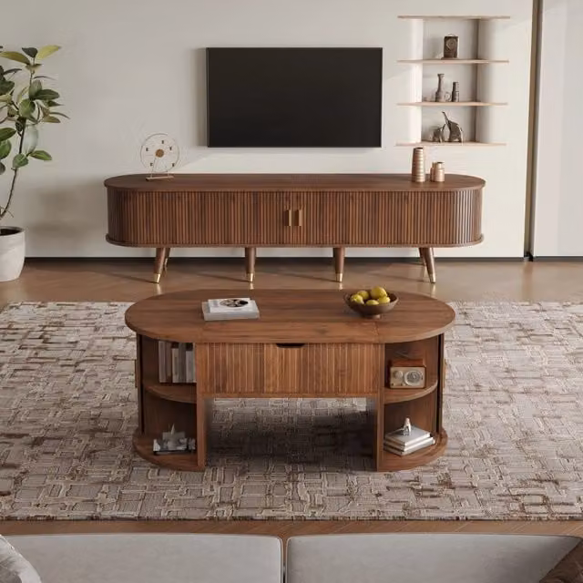 Set soggiorno 2 pezzi in MDF noce con tavolino elevabile e mobile TV con ante scorrevoli e maniglie dorate