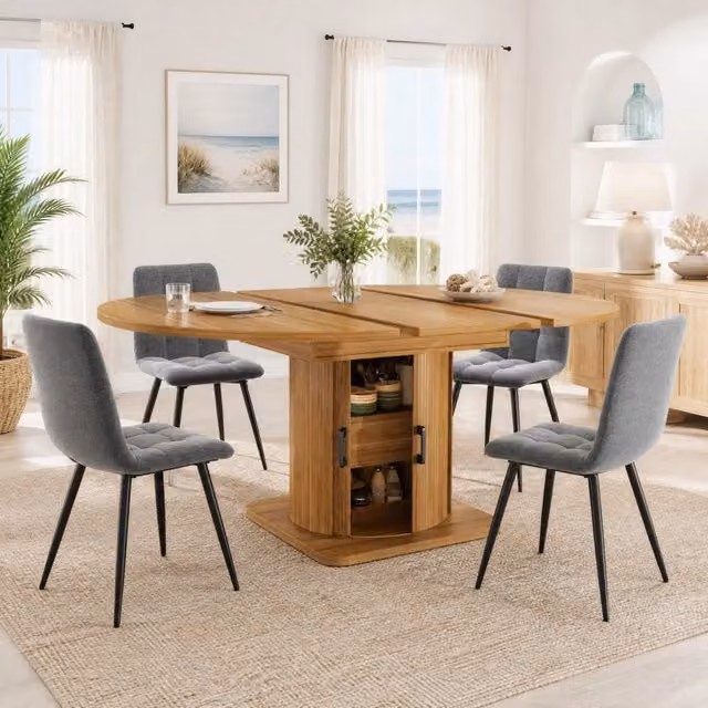 Set tavolo cucina e sedie 1 tavolo allungabile con cassetti e 4 sedie imbottite in MDF e lino marrone scuro e nero