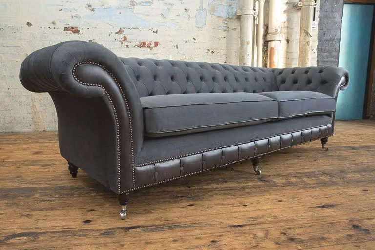Klassische Chesterfield Couch 4 Sitzer Sofa Couch Samt Leder Design Schwarz