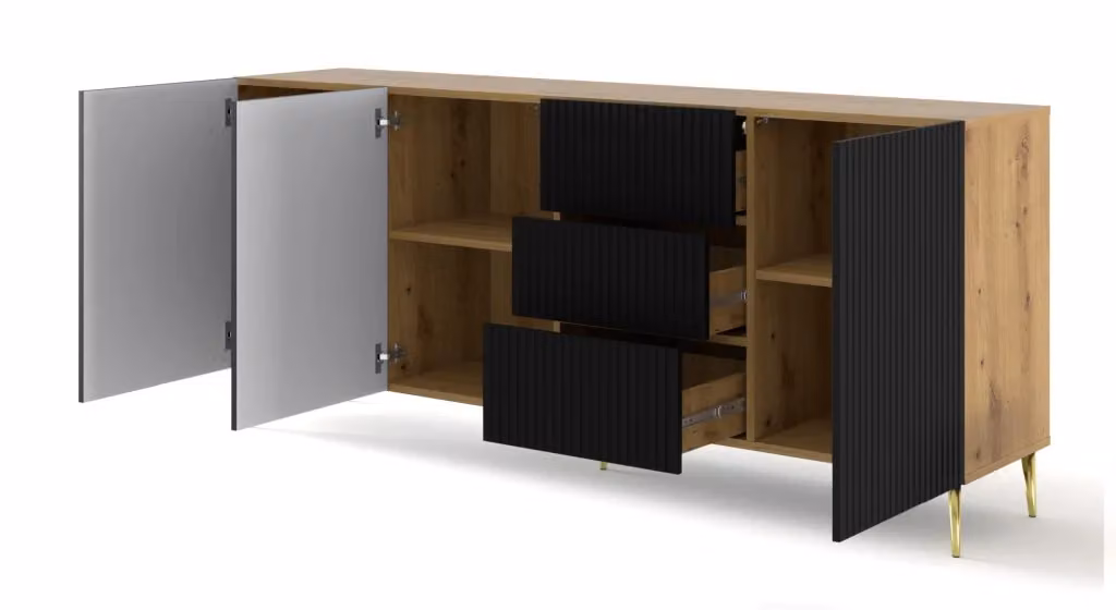 Mobile B Ravenna Bim Furniture in MDF con rivestimento effetto legno 3D, gambe in rovere artigianale, colore nero opaco e oro – 2